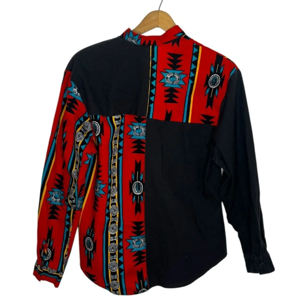 Vintage 90s Southwestern Western Shirt Red Black Turquoise Rodeo Size 10